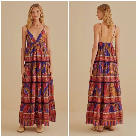 💕FARM RIO💕 Blue Forest Mosaic Sleeveless Maxi Dress ~ Large NWT - Picture 3 of 17